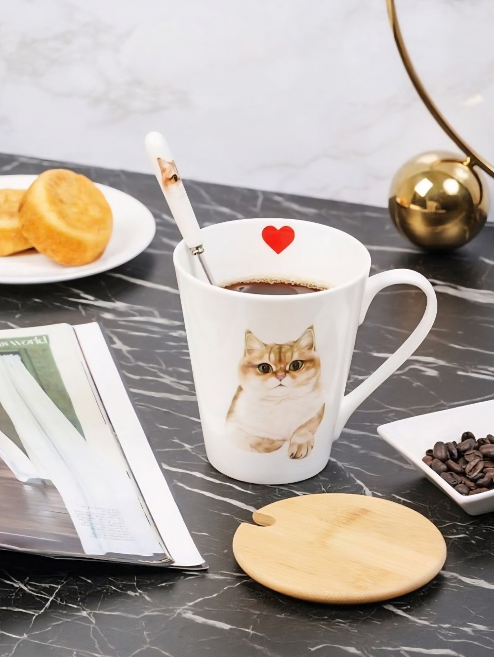 NIB 2pcs Porcelain British Shorthair Cat Print Mug W/Bamboo Lid & Spoon